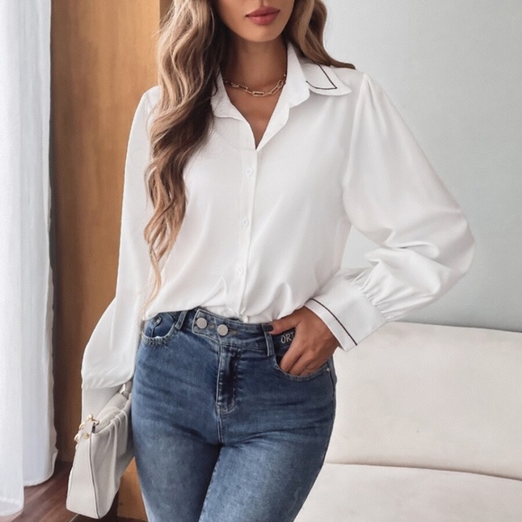 BellanBlue Tops - White Button up Solid Boyfriend Top Office Work